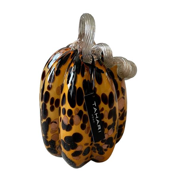 TAHARI Hand Blown Art Glass Tortoise Shell Pumpkin Amber Stem Designer Decor New - Picture 10 of 13